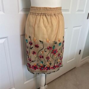 Vintage august silk Beige Embroidered Floral Midi Skirt cottage core🌸 boho